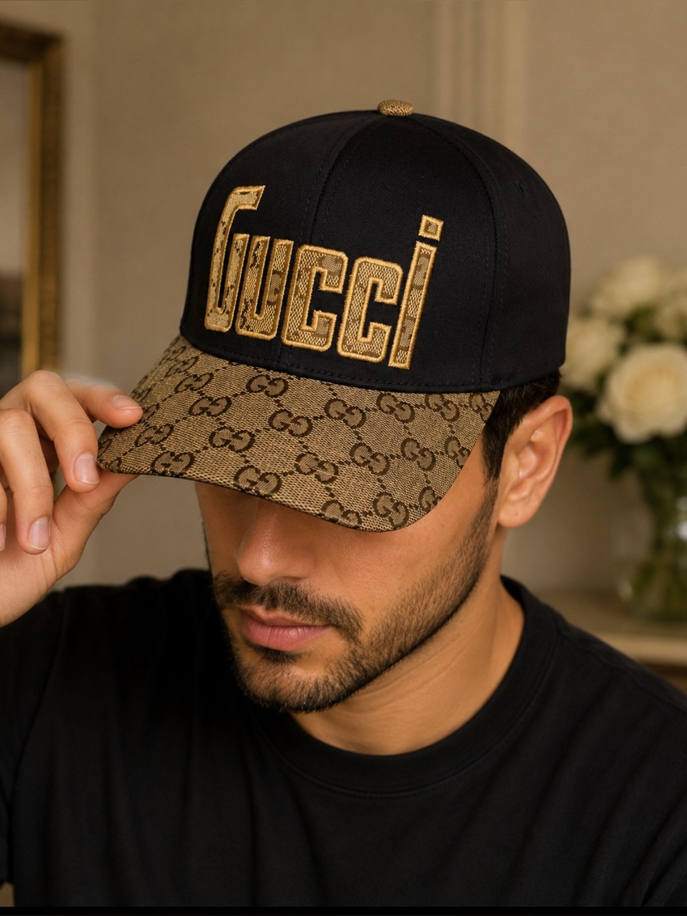 Black and Brown GG Logo Baseball Cap with Gold Embroidery